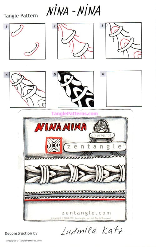 How to draw the Zentangle pattern Nina-Nina, tangle and deconstruction by Ludmila Katz. Image copyright the artist and used with permission, ALL RIGHTS RESERVED.