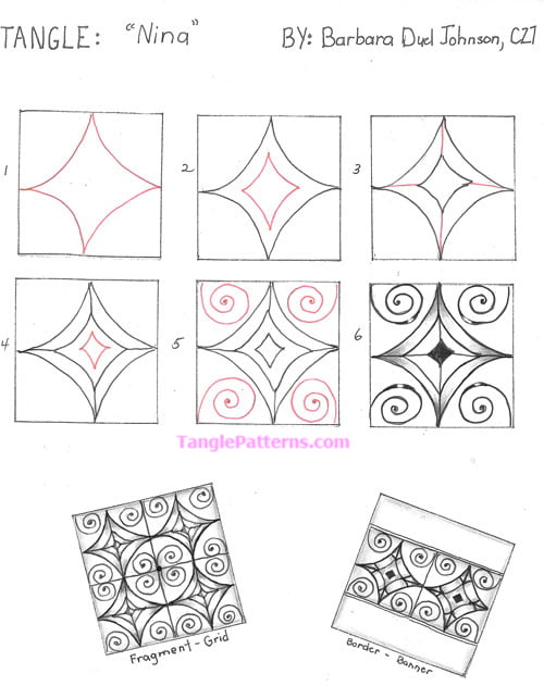 How to draw the Zentangle pattern Nina, tangle and deconstruction by Barbara Duel Johnson. Image copyright the artist and used with permission, ALL RIGHTS RESERVED.