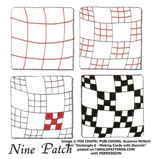 How to draw the Zentangle pattern Nine Patch, tangle and deconstruction by Suzanne McNeill. Image copyright Suzanne McNeill and Fox Chapel Publishing and used with permission, ALL RIGHTS RESERVED.