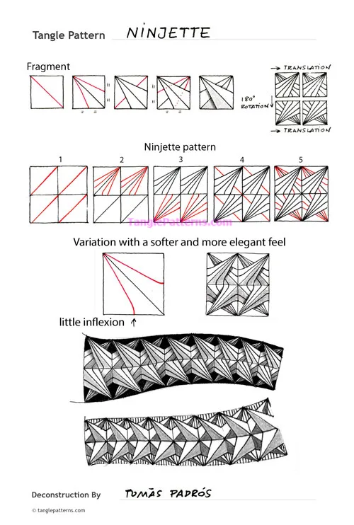 How to draw the Zentangle pattern Ninjette, tangle and deconstruction by Tomàs Padrós. Image copyright the artist and used with permission, ALL RIGHTS RESERVED.