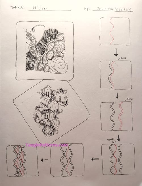 How to draw the Zentangle pattern Nitlee, tangle and deconstruction by Julie Tiu. Image copyright the artist and used with permission, ALL RIGHTS RESERVED.