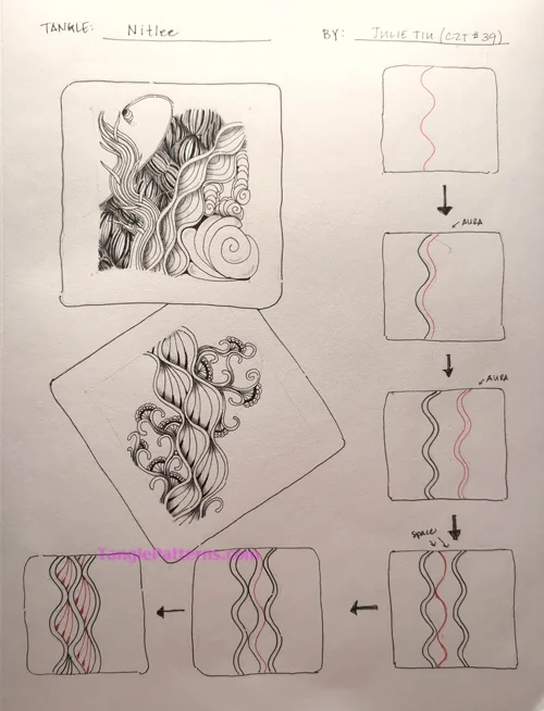 How to draw the Zentangle pattern Nitlee, tangle and deconstruction by Julie Tiu. Image copyright the artist and used with permission, ALL RIGHTS RESERVED. How to draw the Zentangle pattern Nitlee, tangle and deconstruction by Julie Tiu. Image copyright the artist and used with permission, ALL RIGHTS RESERVED.