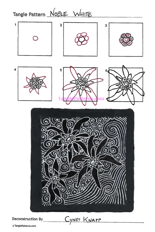 How to draw the Zentangle pattern Noble White, tangle and deconstruction by Cyndi Knapp. Image copyright the artist and used with permission, ALL RIGHTS RESERVED.