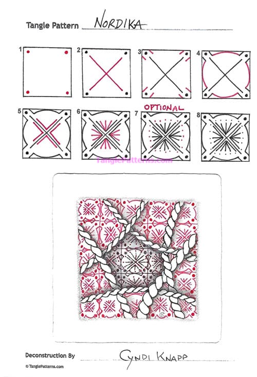 How to draw the Zentangle pattern Nordika, tangle and deconstruction by Cyndi Knapp. Image copyright the artist and used with permission, ALL RIGHTS RESERVED.