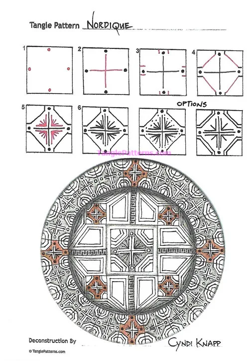How to draw the Zentangle pattern Nordique, tangle and deconstruction by Cyndi Knapp. Image copyright the artist and used with permission, ALL RIGHTS RESERVED. How to draw the Zentangle pattern Nordique, tangle and deconstruction by Cyndi Knapp. Image copyright the artist and used with permission, ALL RIGHTS RESERVED.