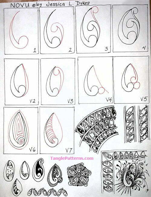 How to draw the Zentangle pattern Novu, tangle and deconstruction by Jessica Dykes. Image copyright the artist and used with permission, ALL RIGHTS RESERVED.