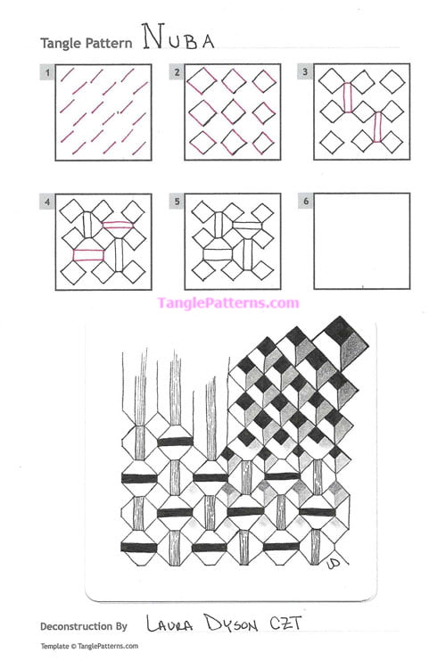 How to draw the Zentangle pattern Nuba, tangle and deconstruction by Laura Dyson. Image copyright the artist and used with permission, ALL RIGHTS RESERVED.