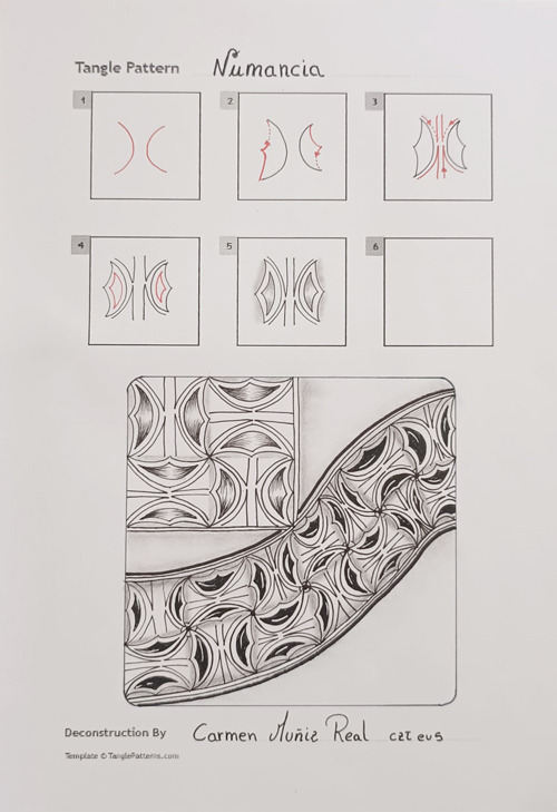 How to draw the Zentangle pattern Numancia, tangle and deconstruction by Carmen Muñiz Real. Image copyright the artist and used with permission, ALL RIGHTS RESERVED.