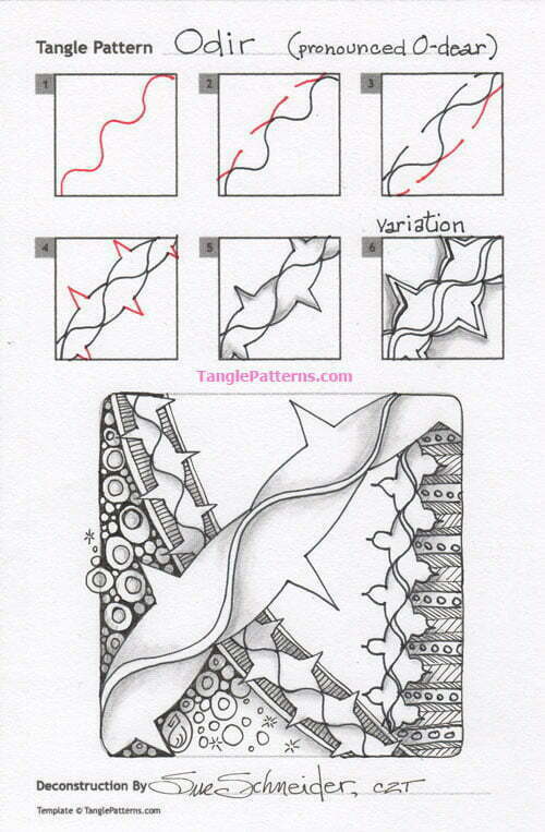How to draw the Zentangle pattern Odir, tangle and deconstruction by Sue Schneider. Image copyright the artist and used with permission, ALL RIGHTS RESERVED.