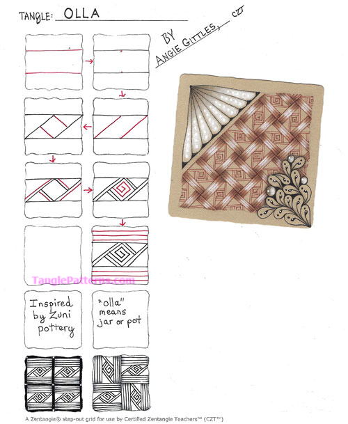 How to draw the Zentangle pattern Olla, tangle and deconstruction by Angie Gittles. Image copyright the artist and used with permission, ALL RIGHTS RESERVED. How to draw the Zentangle pattern Olla, tangle and deconstruction by Angie Gittles. Image copyright the artist and used with permission, ALL RIGHTS RESERVED.
