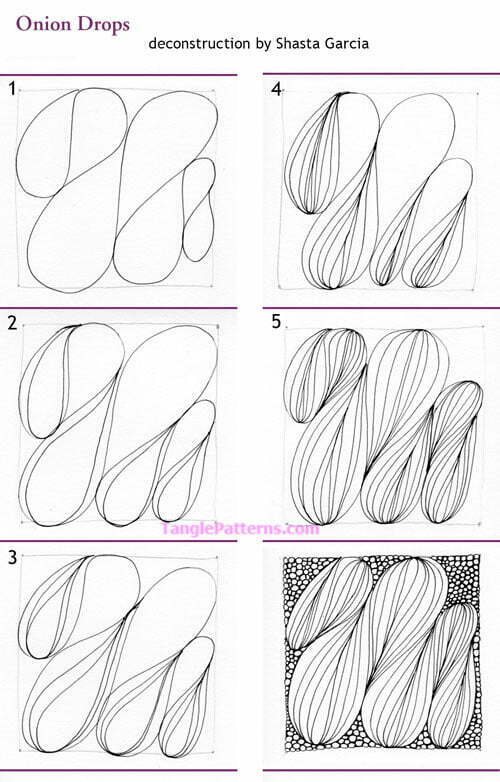 How to draw the Zentangle pattern Onion Drops, tangle and deconstruction by Shasta Garcia. Image copyright the artist and used with permission, ALL RIGHTS RESERVED.