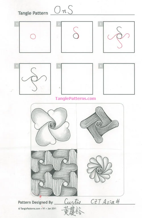 How to draw the Zentangle pattern OnS, tangle and deconstruction by Curtis Hwang. Image copyright the artist and used with permission, ALL RIGHTS RESERVED. How to draw the Zentangle pattern OnS, tangle and deconstruction by Curtis Hwang. Image copyright the artist and used with permission, ALL RIGHTS RESERVED.