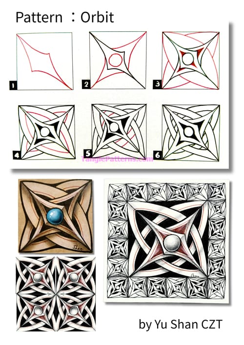 How to draw the Zentangle pattern Orbit, tangle and deconstruction by Yu Shan. Image copyright the artist and used with permission, ALL RIGHTS RESERVED.