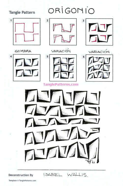 How to draw the Zentangle pattern Origonio, tangle and deconstruction by Isabel Wallis. Image copyright the artist and used with permission, ALL RIGHTS RESERVED.