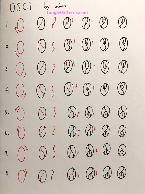 How to draw the Zentangle pattern Osci, tangle and deconstruction by Mina (Ping-Min) Hsiao. Image copyright the artist and used with permission, ALL RIGHTS RESERVED.
