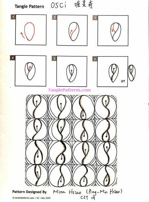 How to draw the Zentangle pattern Osci, tangle and deconstruction by Mina (Ping-Min) Hsiao. Image copyright the artist and used with permission, ALL RIGHTS RESERVED.
