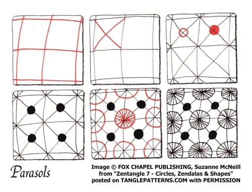 How to draw the Zentangle pattern Parasols, tangle and deconstruction by Suzanne McNeill. Image copyright Suzanne McNeill and Fox Chapel Publishing and used with permission, ALL RIGHTS RESERVED.