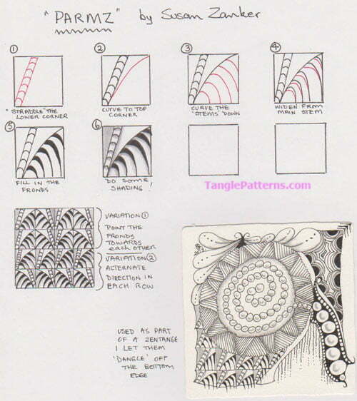 How to draw the Zentangle pattern Parmz, tangle and deconstruction by Sue Zanker. Image copyright the artist and used with permission, ALL RIGHTS RESERVED.
