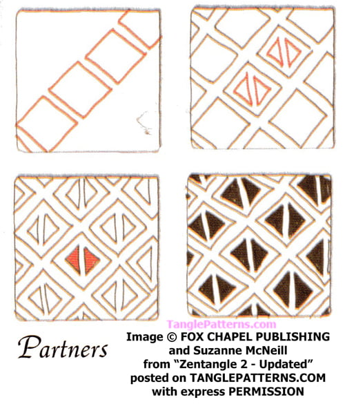 How to draw the Zentangle pattern Partners, tangle and deconstruction by Suzanne McNeill. Image copyright the artist and used with permission, ALL RIGHTS RESERVED.