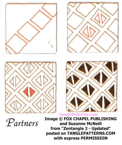 How to draw the Zentangle pattern Partners, tangle and deconstruction by Suzanne McNeill. Image copyright the artist and used with permission, ALL RIGHTS RESERVED. How to draw the Zentangle pattern Partners, tangle and deconstruction by Suzanne McNeill. Image copyright the artist and used with permission, ALL RIGHTS RESERVED.