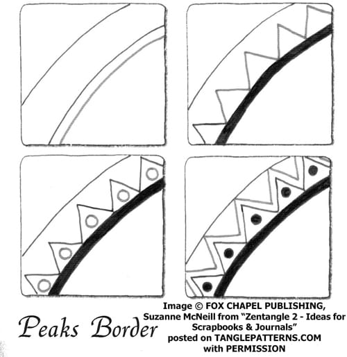 How to draw the Zentangle pattern Peaks Border, tangle and deconstruction by Suzanne McNeill. Image copyright Suzanne McNeill and Fox Chapel Publishing and used with permission, ALL RIGHTS RESERVED. How to draw the Zentangle pattern Peaks Border, tangle and deconstruction by Suzanne McNeill. Image copyright Suzanne McNeill and Fox Chapel Publishing and used with permission, ALL RIGHTS RESERVED.