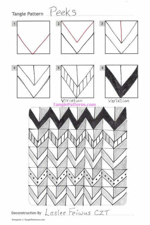How to draw the Zentangle pattern Peeks, tangle and deconstruction by Leslee Feiwus. Image copyright the artist and used with permission, ALL RIGHTS RESERVED.