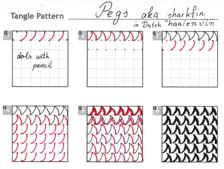 Steps for drawing the Zentangle® pattern: Pegs
