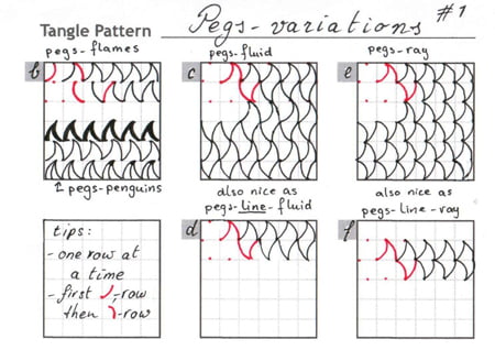 Steps for drawing variations of the Zentangle pattern: Pegs
