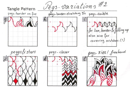 Steps for drawing variations of the Zentangle pattern: Pegs