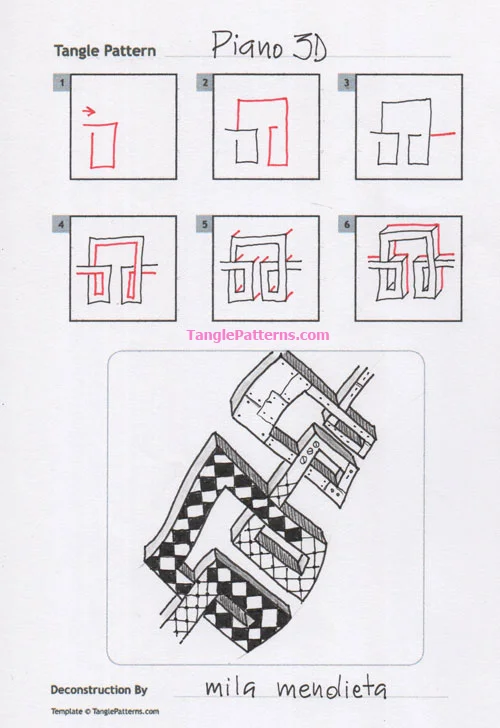 How to draw the Zentangle pattern Piano, tangle and deconstruction by Mila Mendieta. Image copyright the artist and used with permission, ALL RIGHTS RESERVED.