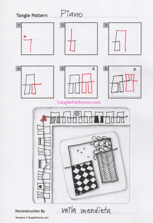 How to draw the Zentangle pattern Piano, tangle and deconstruction by Mila Mendieta. Image copyright the artist and used with permission, ALL RIGHTS RESERVED.