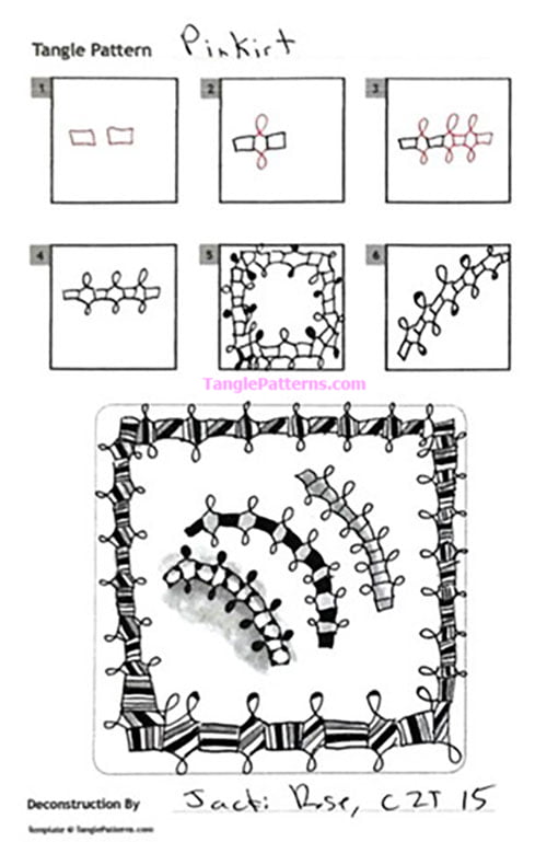 How to draw the Zentangle pattern Pinkirt, tangle and deconstruction by Jackie Rose. Image copyright the artist and used with permission, ALL RIGHTS RESERVED.