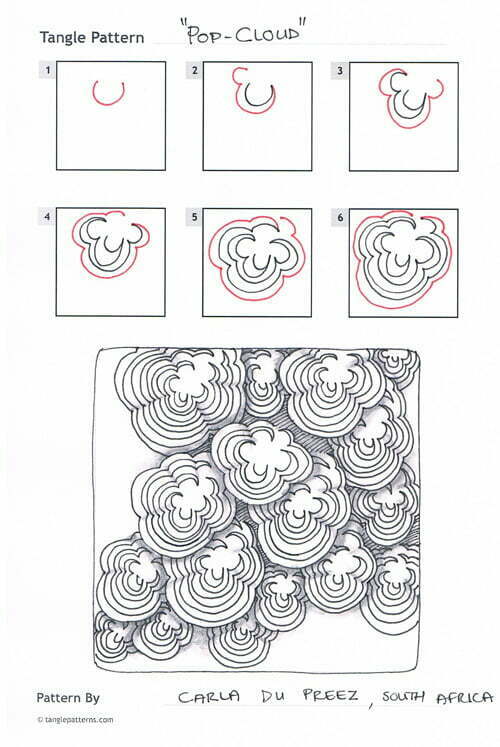 Steps for drawing Carla du Preez's "Pop-Cloud" tangle pattern