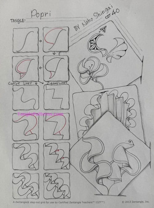 How to draw the Zentangle pattern Popri, tangle and deconstruction by Naho Shingai. Image copyright the artist and used with permission, ALL RIGHTS RESERVED. How to draw the Zentangle pattern Popri, tangle and deconstruction by Naho Shingai. Image copyright the artist and used with permission, ALL RIGHTS RESERVED.