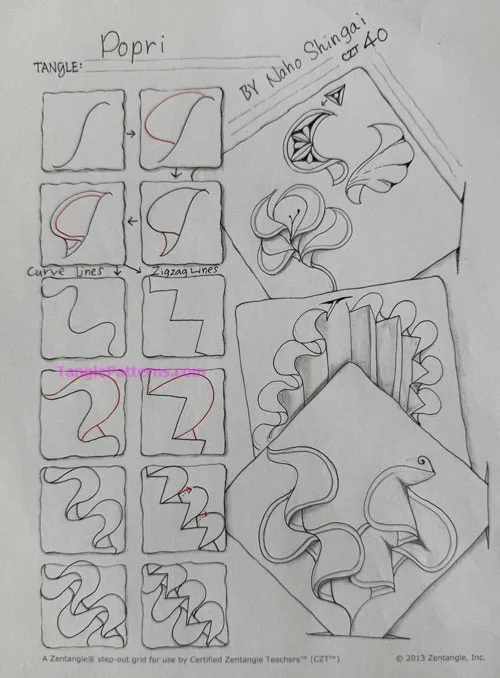 How to draw the Zentangle pattern Popri, tangle and deconstruction by Naho Shingai. Image copyright the artist and used with permission, ALL RIGHTS RESERVED. How to draw the Zentangle pattern Popri, tangle and deconstruction by Naho Shingai. Image copyright the artist and used with permission, ALL RIGHTS RESERVED.