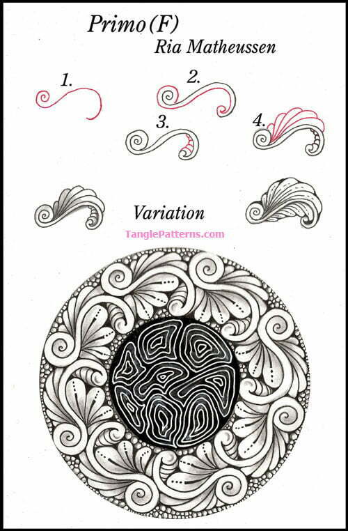 How to draw the Zentangle pattern Primo(F), tangle and deconstruction by Ria Matheussen. Image copyright the artist and used with permission, ALL RIGHTS RESERVED.