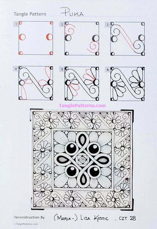 How to draw the Zentangle pattern Puka, tangle and deconstruction by Liza Kostic. Image copyright the artist and used with permission, ALL RIGHTS RESERVED.