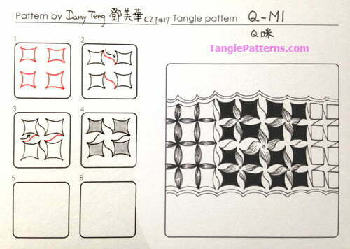 How to draw the Zentangle pattern Q-Mi, tangle and deconstruction by Damy (Mei Hua) Teng. Image copyright the artist and used with permission, ALL RIGHTS RESERVED.