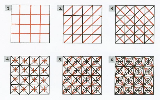 Step-by-step instructions for drawing the tangle pattern: QUILTZ Step-by-step instructions for drawing the tangle pattern: QUILTZ