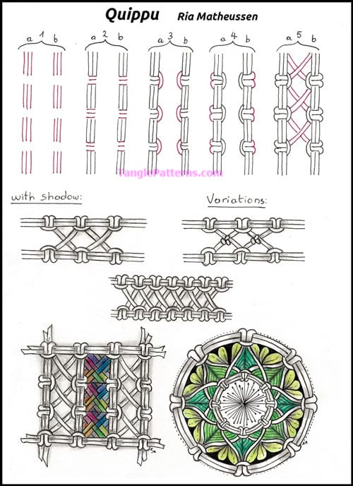 How to draw the Zentangle pattern Quippu, tangle and deconstruction by Ria Matheussen. Image copyright the artist and used with permission, ALL RIGHTS RESERVED.