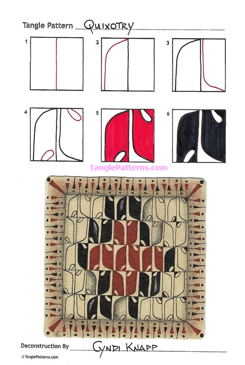 How to draw the Zentangle pattern Quixotry, tangle and deconstruction by Cyndi Knapp. Image copyright the artist and used with permission, ALL RIGHTS RESERVED.