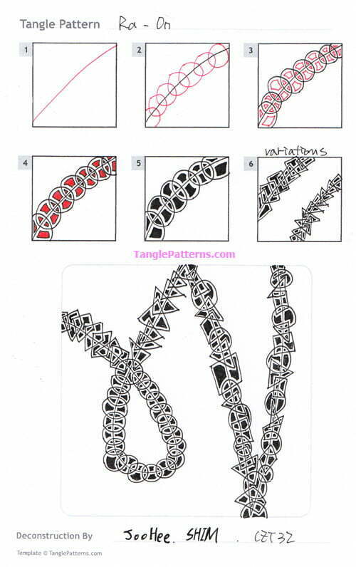 How to draw the Zentangle pattern Ra-On, tangle and deconstruction by JooHee Shim. Image copyright the artist and used with permission, ALL RIGHTS RESERVED.