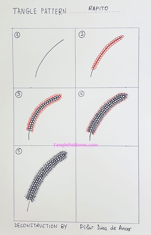 How to draw the Zentangle pattern Rapito, tangle and deconstruction by Pilar Diaz de Ancos. Image copyright the artist and used with permission, ALL RIGHTS RESERVED. How to draw the Zentangle pattern Rapito, tangle and deconstruction by Pilar Diaz de Ancos. Image copyright the artist and used with permission, ALL RIGHTS RESERVED.