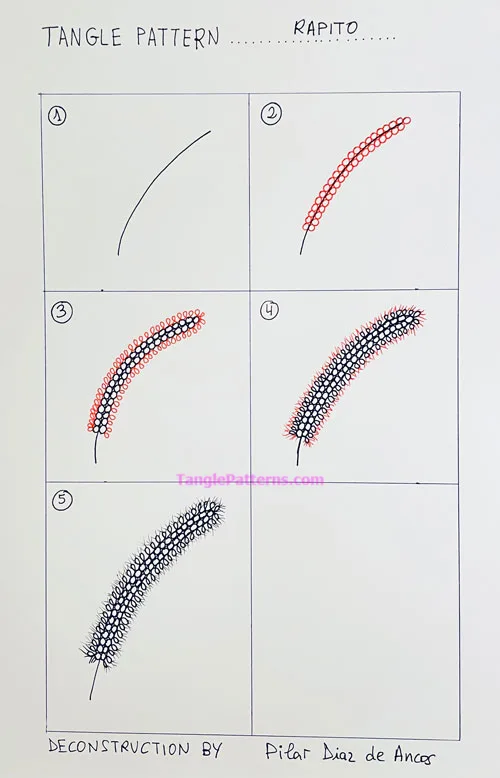 How to draw the Zentangle pattern Rapito, tangle and deconstruction by Pilar Diaz de Ancos. Image copyright the artist and used with permission, ALL RIGHTS RESERVED.