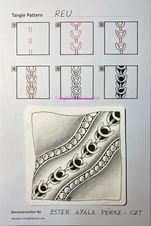How to draw the Zentangle pattern Reu, tangle and deconstruction by Ester Ayala Pérez. Image copyright the artist and used with permission, ALL RIGHTS RESERVED. How to draw the Zentangle pattern Reu, tangle and deconstruction by Ester Ayala Pérez. Image copyright the artist and used with permission, ALL RIGHTS RESERVED.