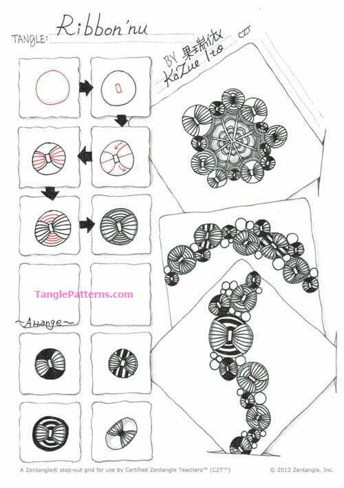 Zentangle pattern: Ribbon'nu. How to draw the Zentangle pattern Ribbon'nu, tangle and deconstruction by Kazue Ito. Image copyright the artist and used with permission, ALL RIGHTS RESERVED.
