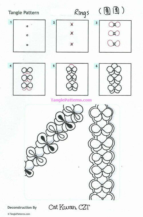 How to draw the Zentangle pattern Rings, tangle and deconstruction by Cat Kwan. Image copyright the artist and used with permission, ALL RIGHTS RESERVED.