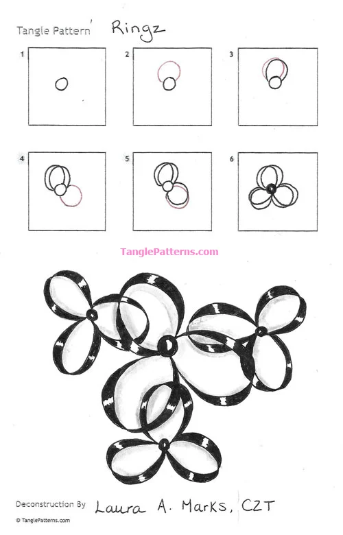 How to draw the Zentangle pattern Ringz, tangle and deconstruction by Laura Marks. Image copyright the artist and used with permission, ALL RIGHTS RESERVED.