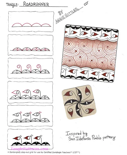 How to draw the Zentangle pattern Roadrunner, tangle and deconstruction by Angie Gittles. Image copyright the artist and used with permission, ALL RIGHTS RESERVED. How to draw the Zentangle pattern Roadrunner, tangle and deconstruction by Angie Gittles. Image copyright the artist and used with permission, ALL RIGHTS RESERVED.