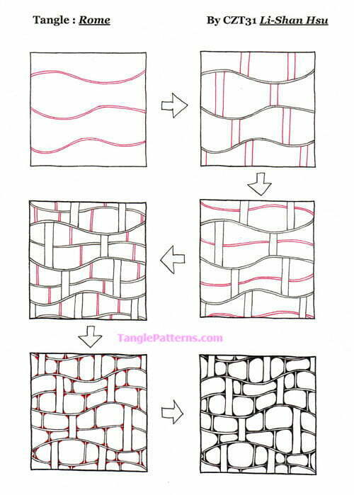 How to draw the Zentangle pattern Rome, tangle and deconstruction by Li-Shan Hsu. Image copyright the artist and used with permission, ALL RIGHTS RESERVED.